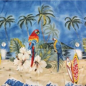 Waikiki Parrot Hawaiian Shirt Men Small Tik Parrothead Surf Beach Tropical Blue